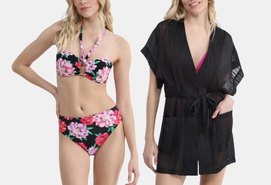 a model in a floral 2 piece swimsuit and a model in a black swim coverup robe