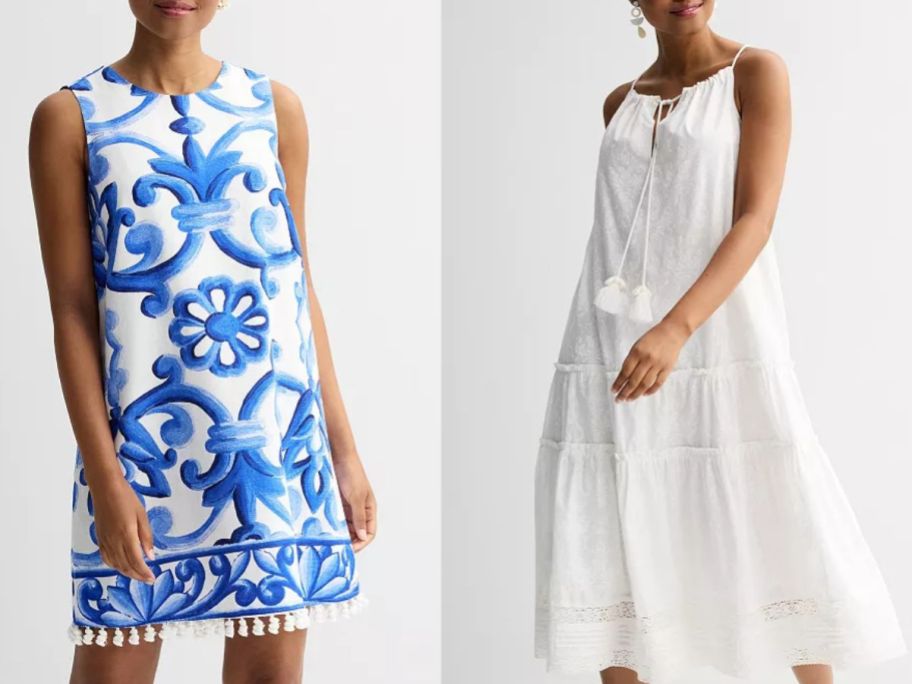 Stock images of two women wearing Farmer's Market dresses