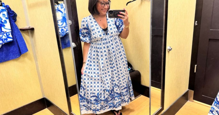 Woman wearing a blue and white Farmer's Market Maxi Dress in the dressing room at Kohl's