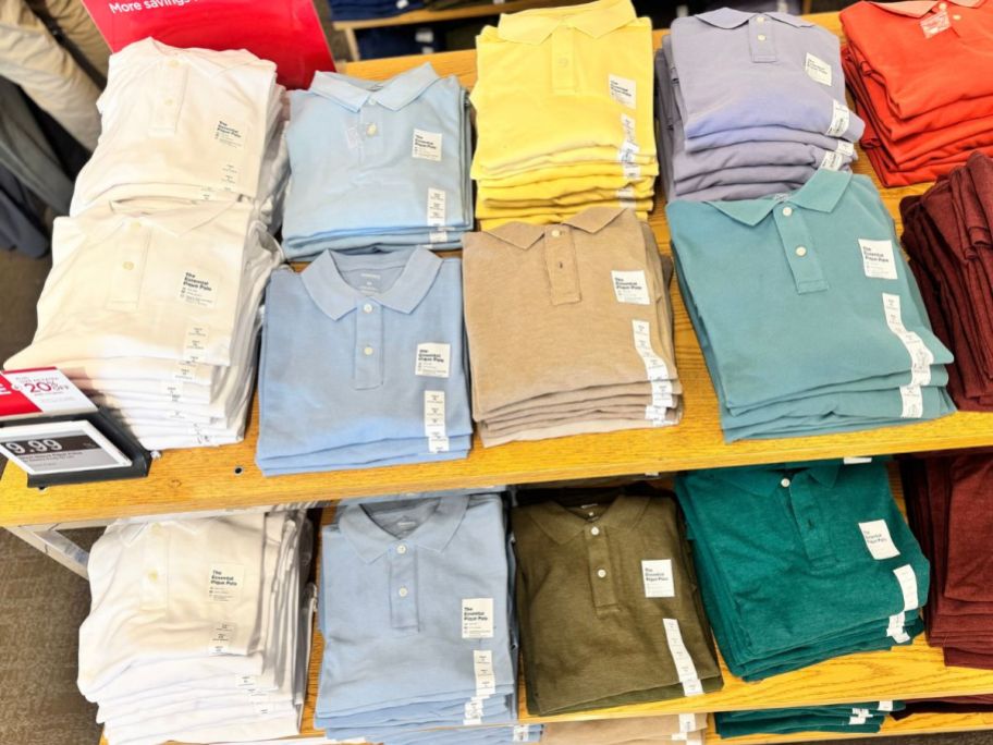 A table of folded Sonoma Goods for Life Men's Polo Shirts