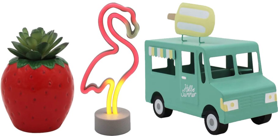 strawberry, flamingo, and ice cream truck decor pieces