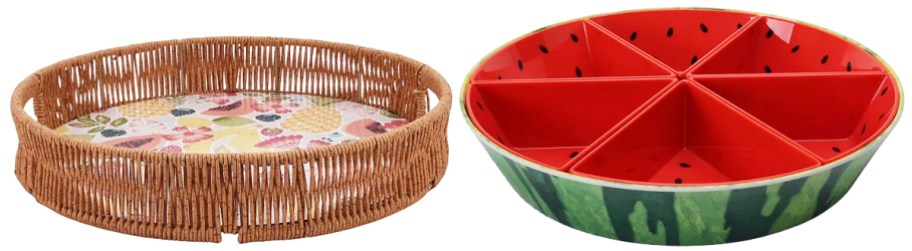 wicker tray and watermelon serving dish
