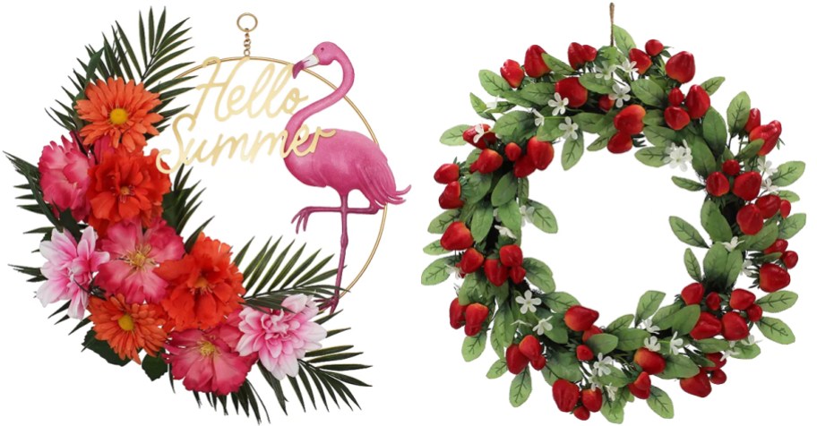 flamingo and strawberry themed wreaths