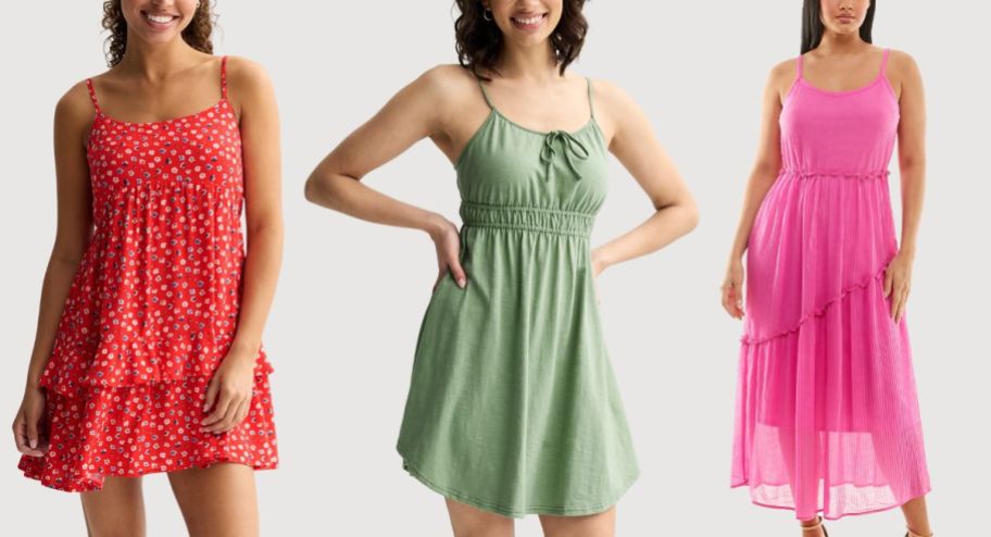 THree women wearing kohls dresses in different colors and patterns