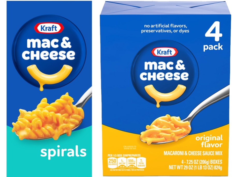 box of Kraft Mac & Cheese Spirals and 4-pack of Original Mac & Cheese