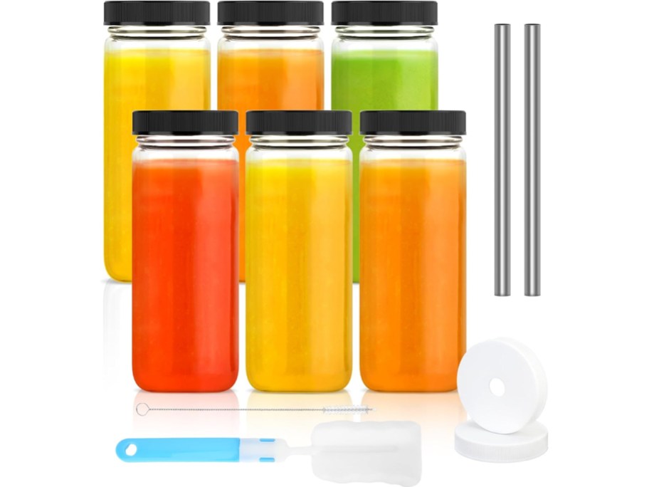 6 Luxfuel 16oz Glass Juice Bottles shown with the 2 straws, 2 straw lids and cleaning brush the set comes with