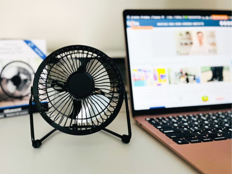 Mainstays USB fan next to a laptop
