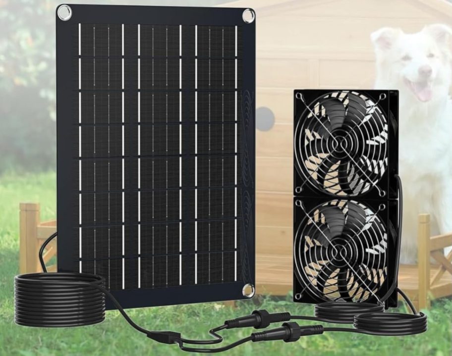 Stock image of a Marbero 4.7 Inch Solar Powered Fan Kit with solar panel and two fans