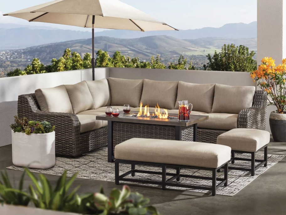 patio sectional around a rectangular fire pit