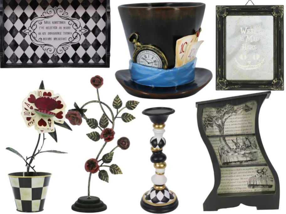 Michaels Summerween Alice’s Adventure decor items like a tray, mirror, top hat, and more 