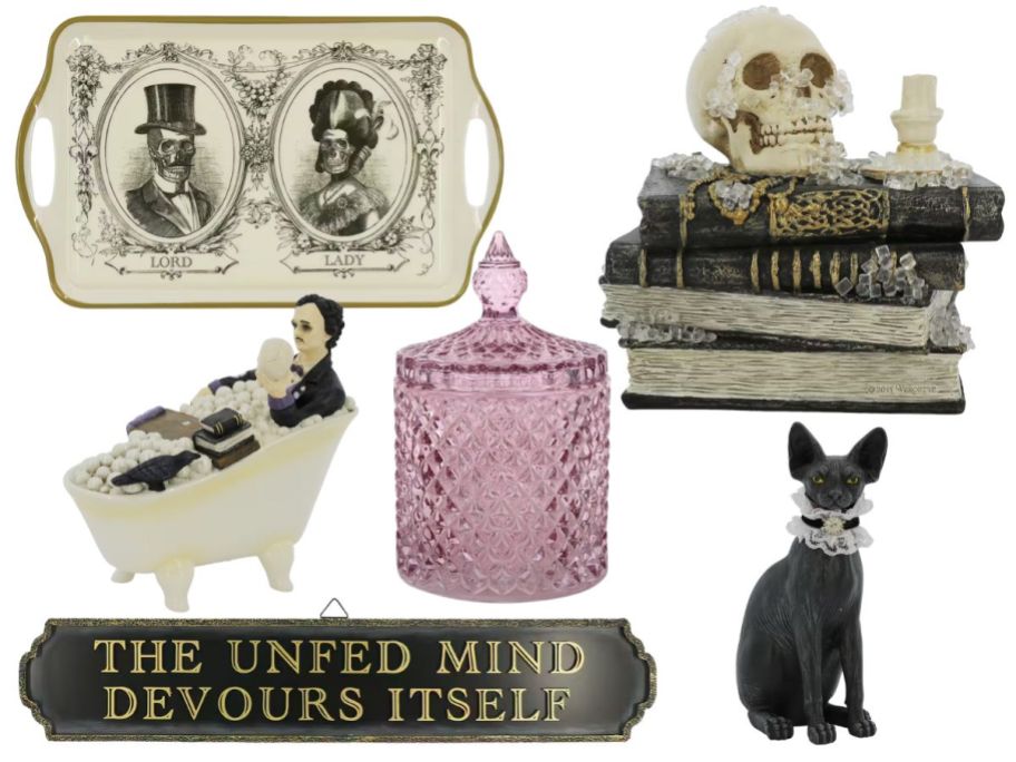 Several Halloween decor items like a black cat, Poe in a bathtub, a skull on books, and more