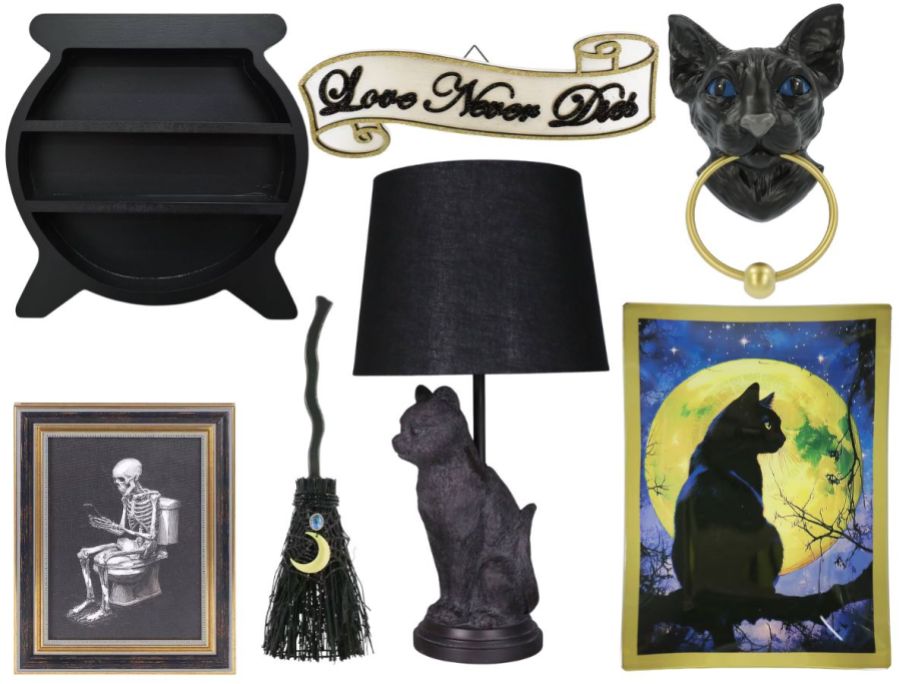 Several Halloween decor items like a black cat, cauldron shelf, witch's broom, and more
