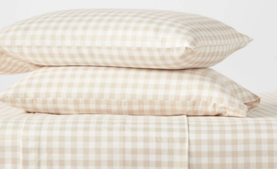 khaki gingham sheet set