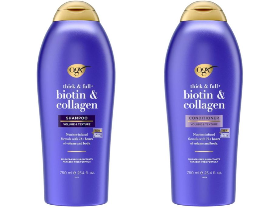 bottles of OGX biotin and collagen milk shampoo and conditioner