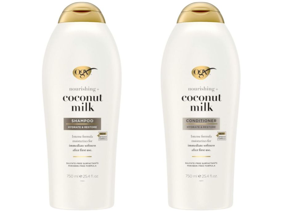 bottles of OGX Coconut milk shampoo and conditioner