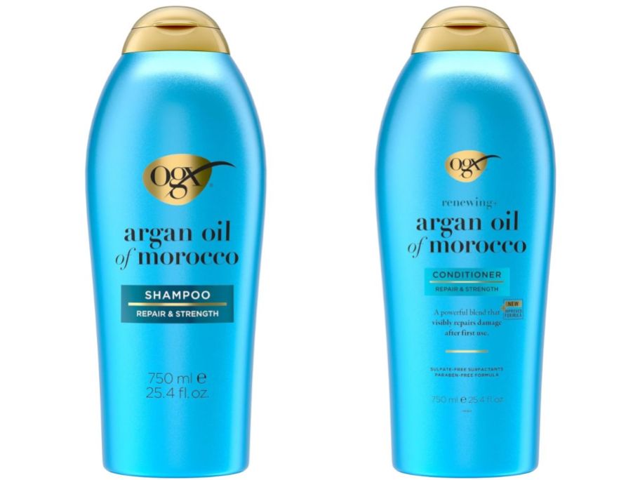 bottles of OGX argan oil of morocco shampoo and conditioner