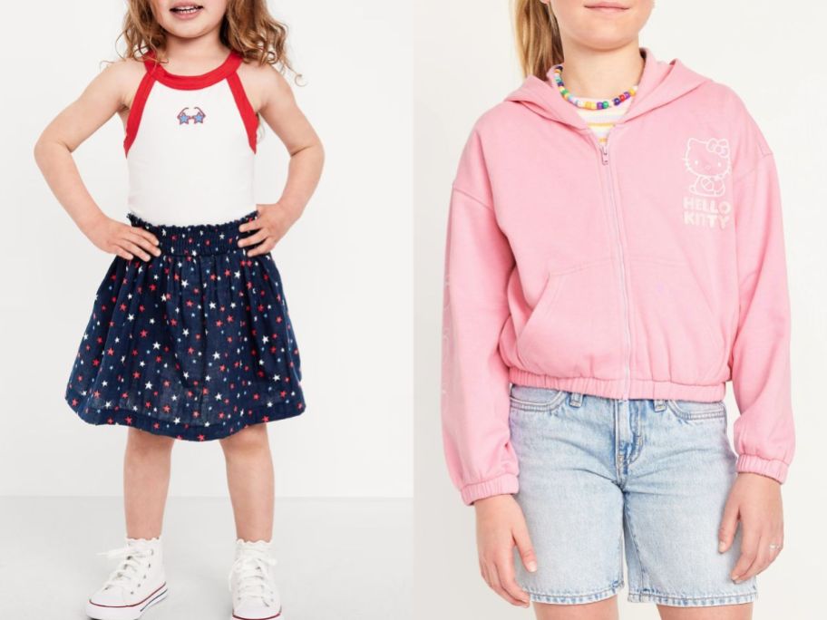 Stock images of a toddler girl wearing a patriotic tank and skirt and a girl wearing a Hello Kitty Hoodie