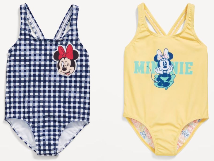 Stock images of two Old Navy Disney Toddler Girl's One-Piece Swimsuits featuring minnie mouse