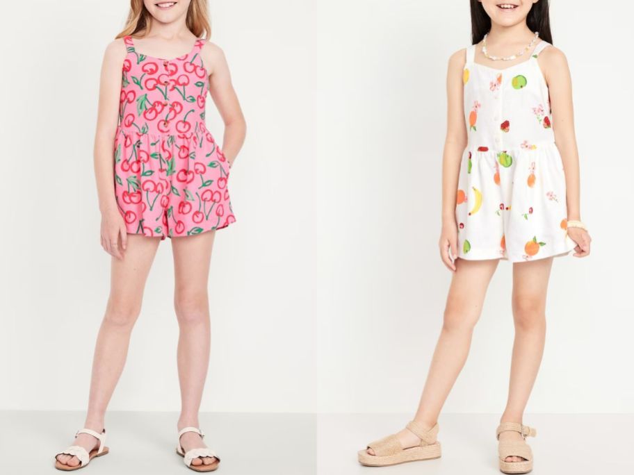 Stock images of two girls wearing Old Navy Girl's Sleeveless Linen-Blend Rompers