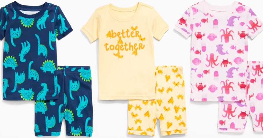 toddler pajama sets in dinosaur, mac & cheese, and sea creature prints