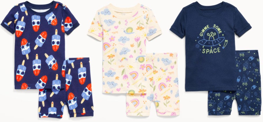 toddler pajama sets in popsicle, rainbows, and space prints