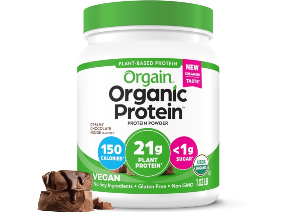 jar of Orgain Organic Vegan Protein Powder in chocolate fudge flavor