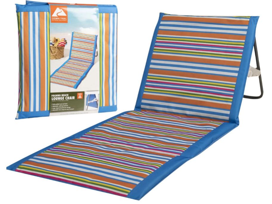 Stock image of a Ozark Trail Folding Beach Chair and it's packaging