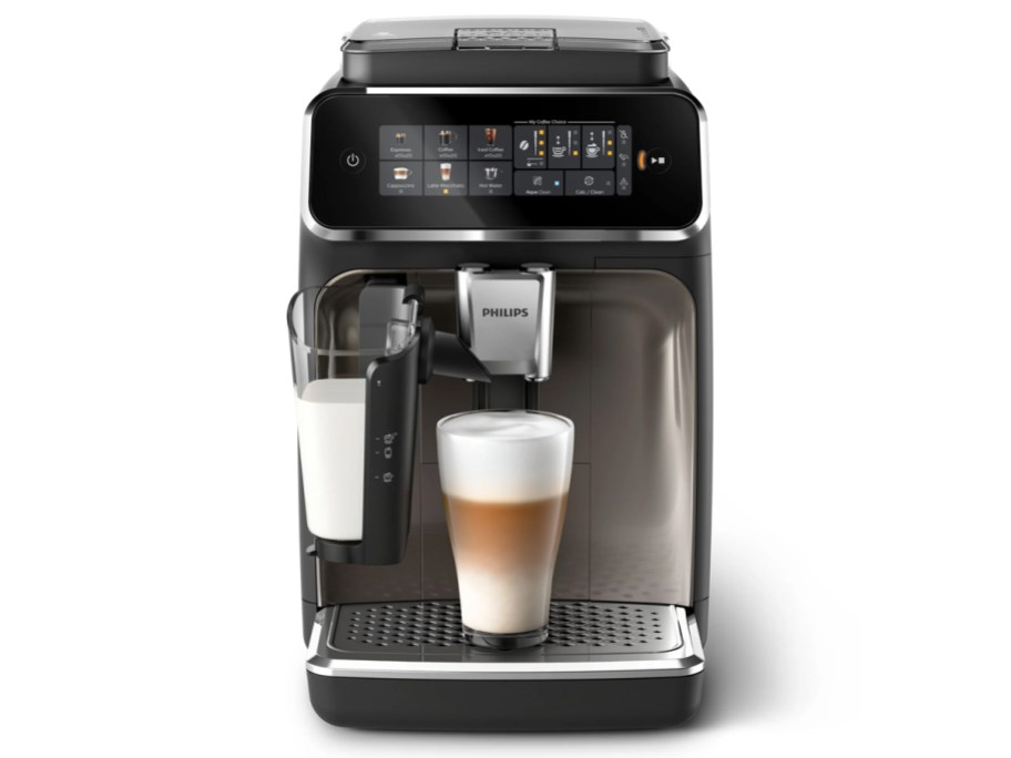 Philips 3300 LatteGo Fully Automatic Espresso Machine on display with a cup in use