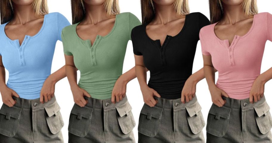 four women wearing PrettyGarden Women's Short Sleeve Henley Top