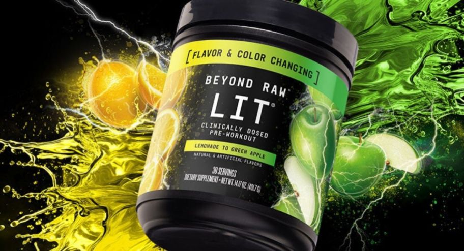 Lit pre workout in new flavors with yellow and green colors in the background
