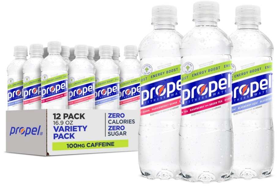 case of propel water with 3 large bottles on front of it