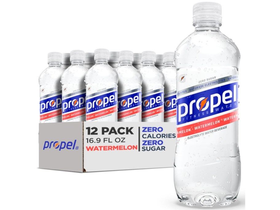 case of propel water in watermelon flavor with large bottle in front of it