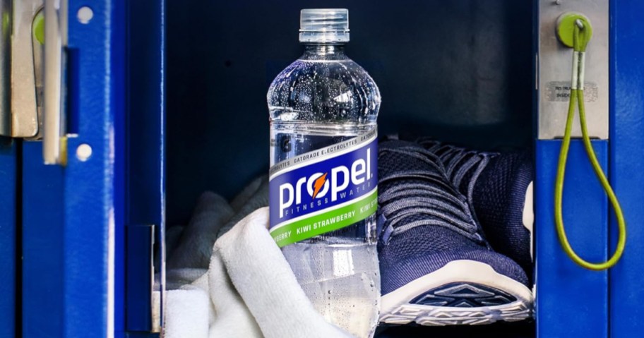 bottle of Propel water in gym locker