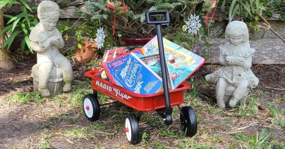 radio flyer toy wagon filled with books outside