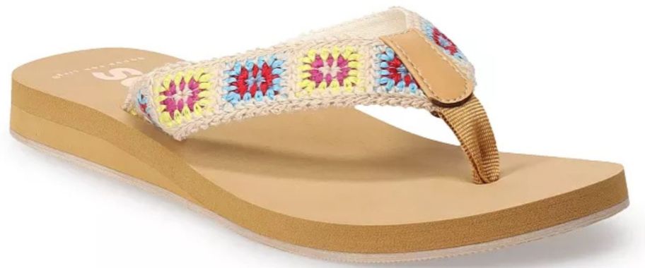 A flip flop with a crocheted band 