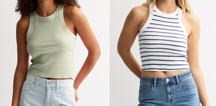 women in light green and white/blue striped tank tops