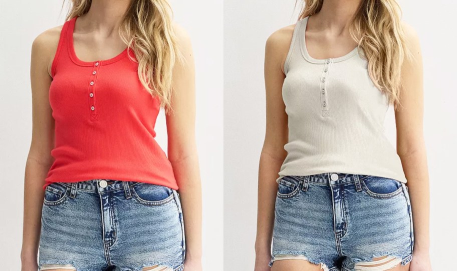 two women in red and white tank tops with buttons