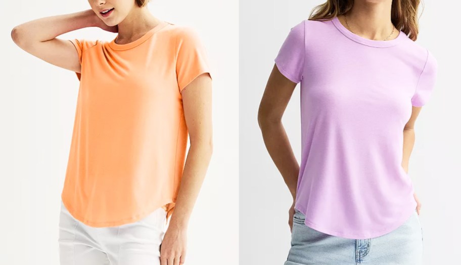 two women in orange and pink t-shirts