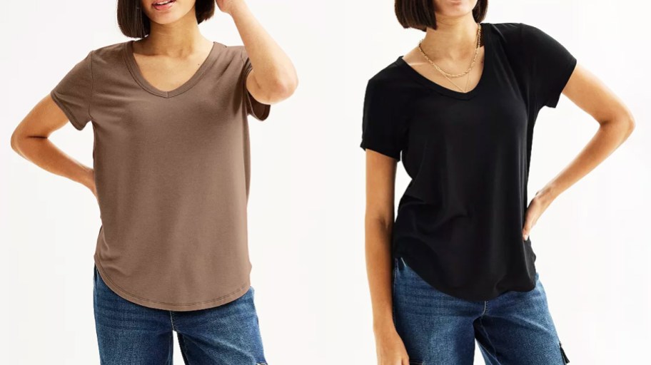 two women in brown and black v-neck tees