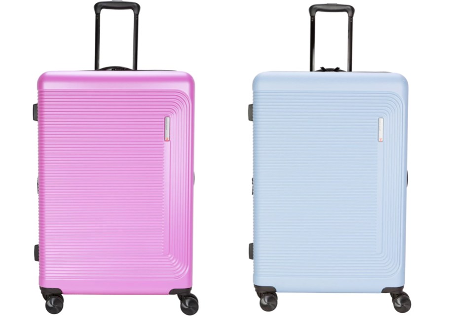 pink and light blue hardside suitcases