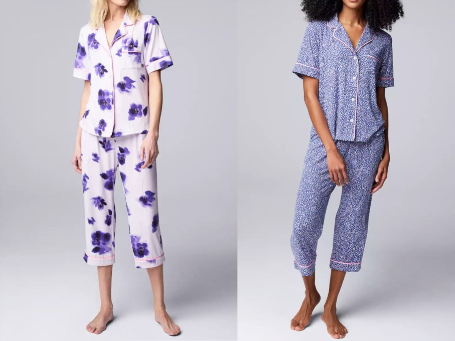 two women in purple floral and blue heart print pajama sets