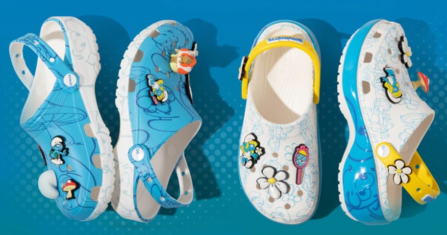 blue and white pairs of smurfs crocs