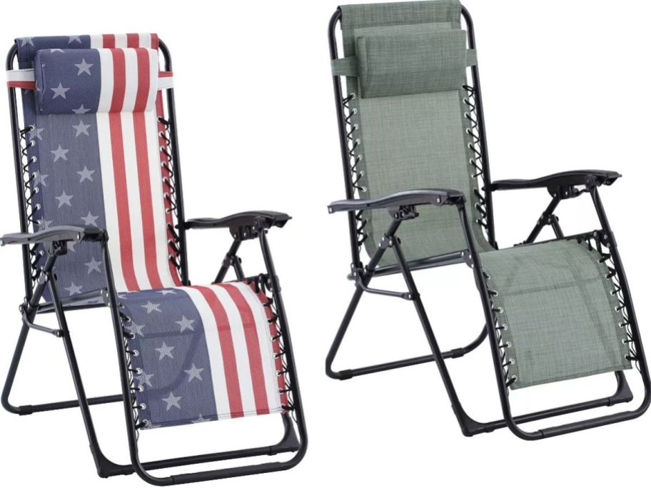 Stock images of an two American flag-theme and green Sonoma Goods For Life Antigravity Chairs
