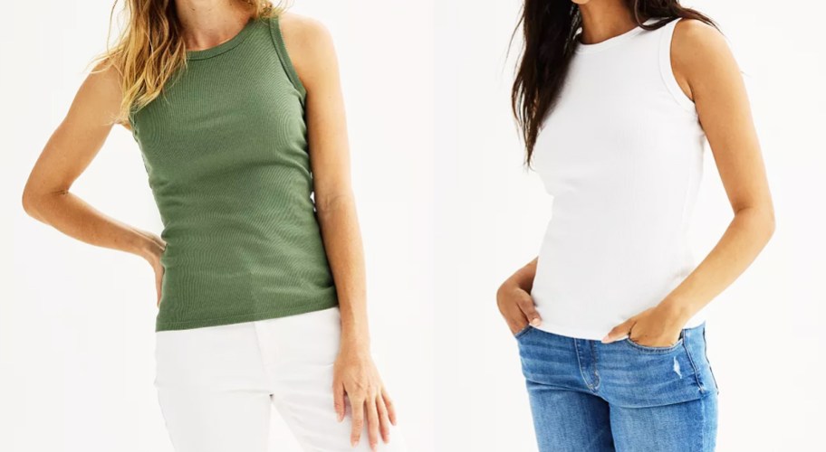two women in green and white tank tops