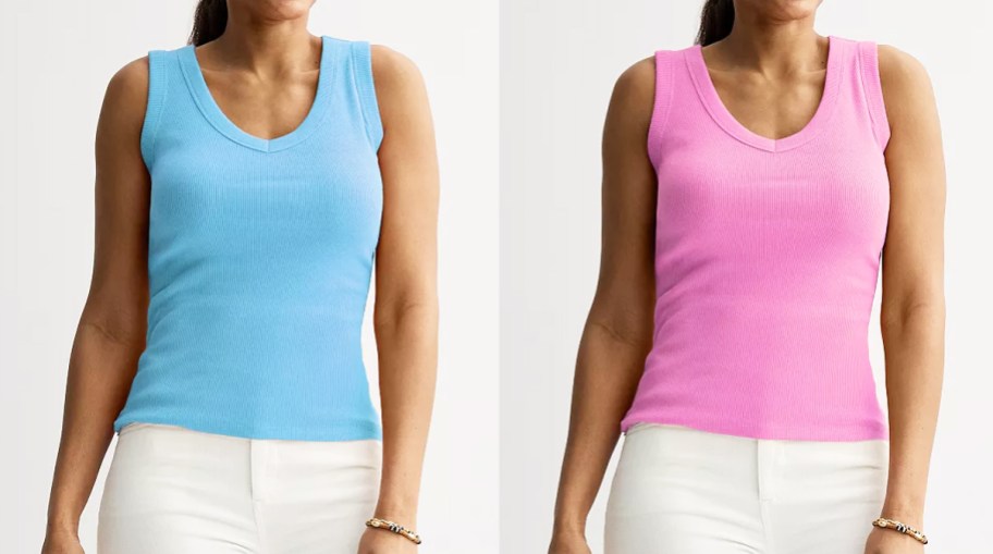 two women in blue and pink v-neck tank tops