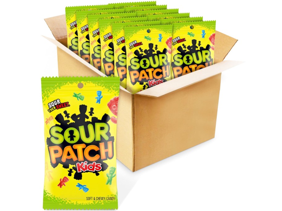 box full of bags of Sour Patch Kids candies with one large bag in front of the box