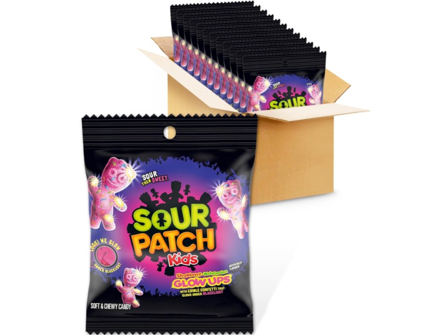 box full of bags of Sour Patch Kids Glow-Ups candies with one large bag in front of the box