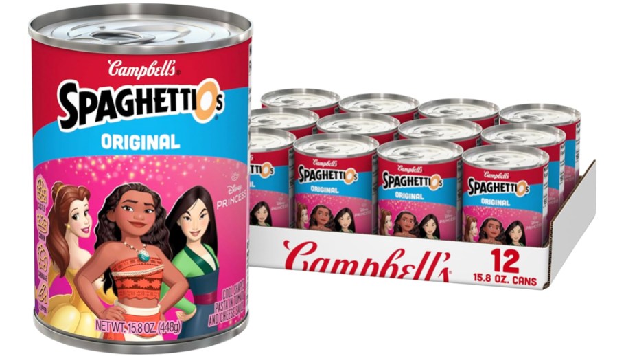 case of SpaghettiOs Disney Princess pasta with large can in front of it