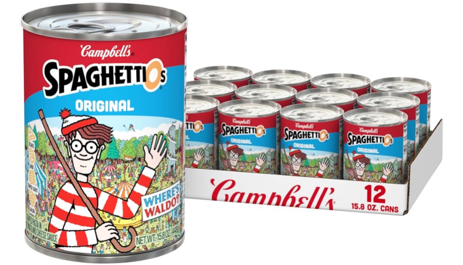 case of SpaghettiOs Where’s Waldo pasta with large can in front of it