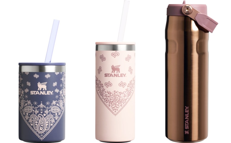 blue and pink can coolers and rose gold water bottle